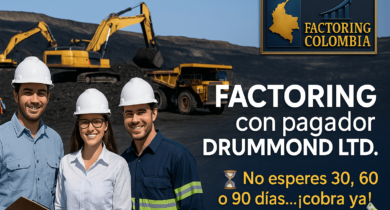 "Proveedores trabajando con Drummond Ltd en campo, sonriendo junto a maquinaria pesada – Factoring con pagador Drummond"