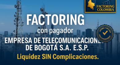 Factoring con pagador Empresa de Telecomunicaciones de Bogotá S.A. (ETB) — liquidez sin complicaciones — imagen de ciudad con antenas de telecomunicaciones.